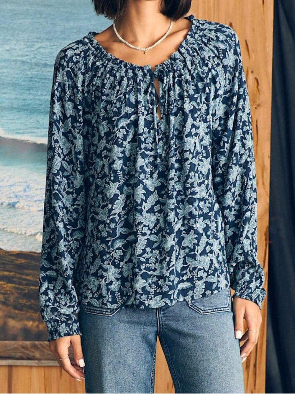 Faherty Emery Peasant Blouse Blue Esna Floral with Tie Closure - Picture 3 of 10